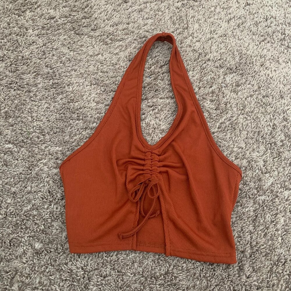 Burnt Orange Halter Top with Adjustable Center Scrunch